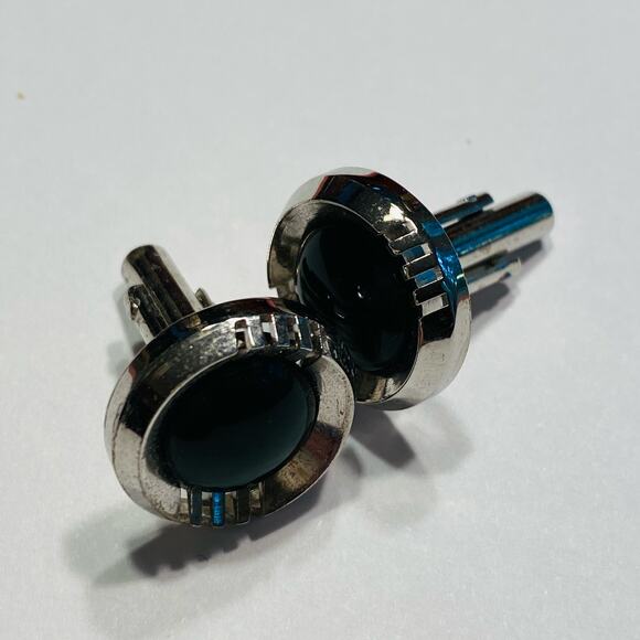 Vintage Mid Century Cufflinks silvertone & dark green stone classic rounds - Picture 4 of 6